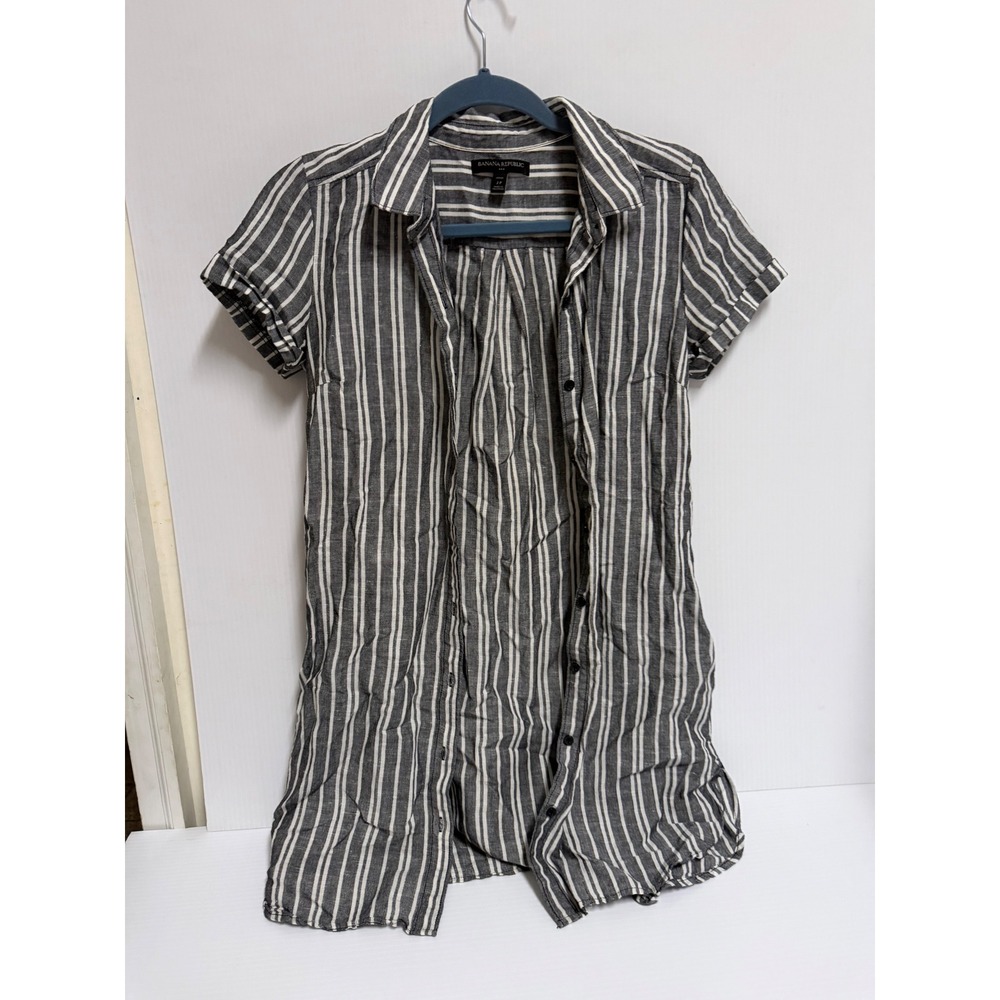 Banana Republic Petite Linen Blend Striped Button Down Shirt Dress Grey 2P